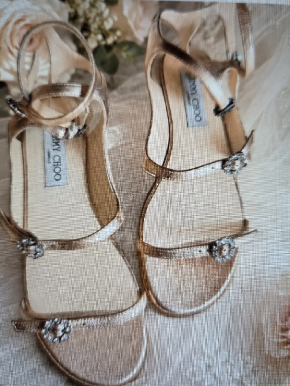 Jimmy Choo Naia Crystal Buckle Ankle Strap Flat Sandals Rose Gold EU 37